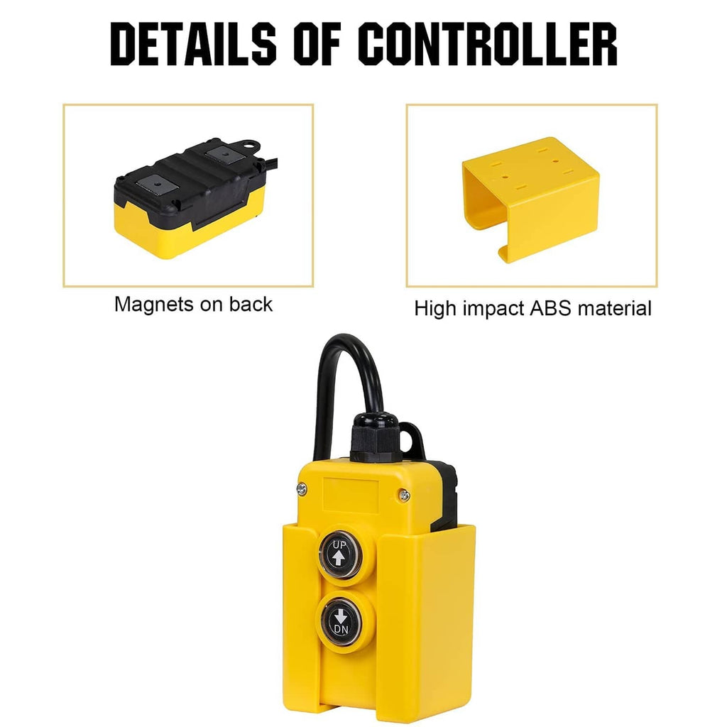 Yellow remote controller with two buttons and black cable, showing side detail