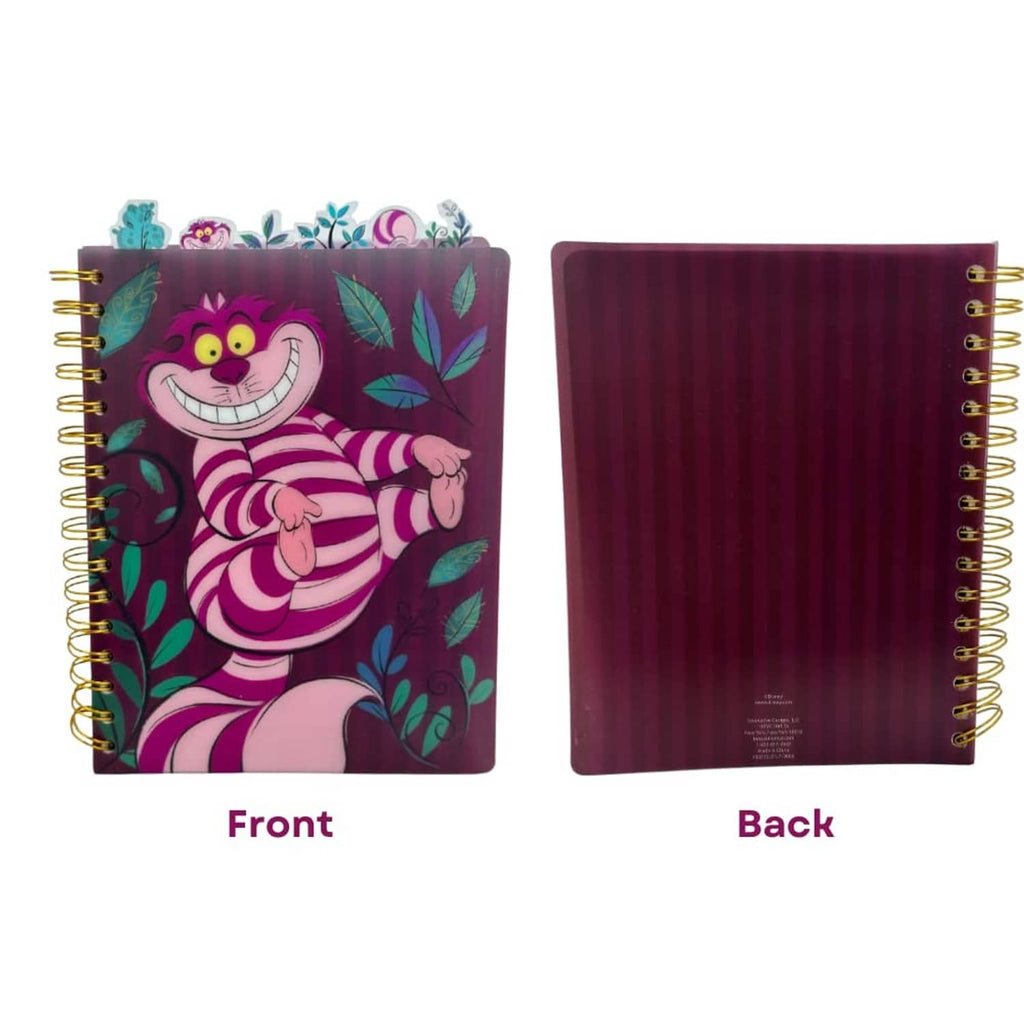 Front and back views of spiral lined notebook with Cheshire Cat front and maroon back