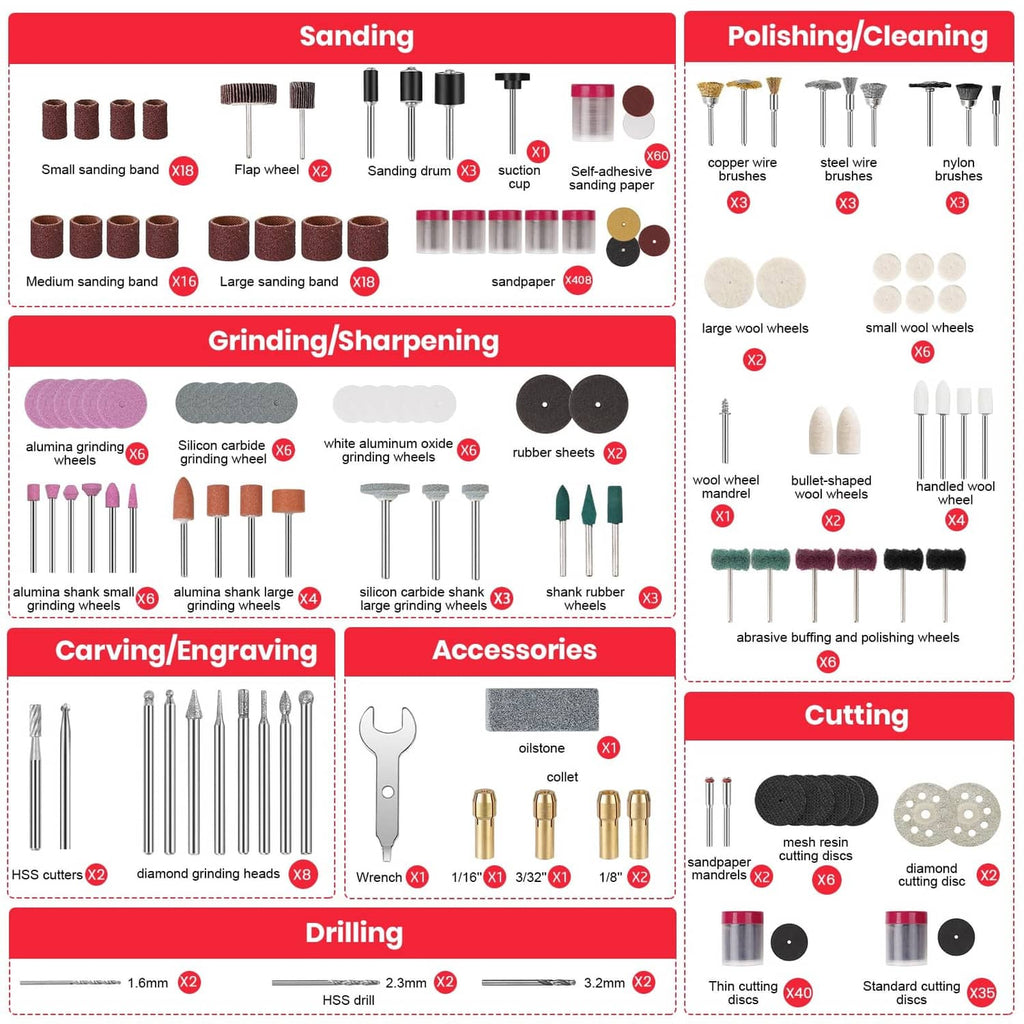 Rotary tool accessory assortment with sanding bands, wheels, grinding bits, and cutting heads