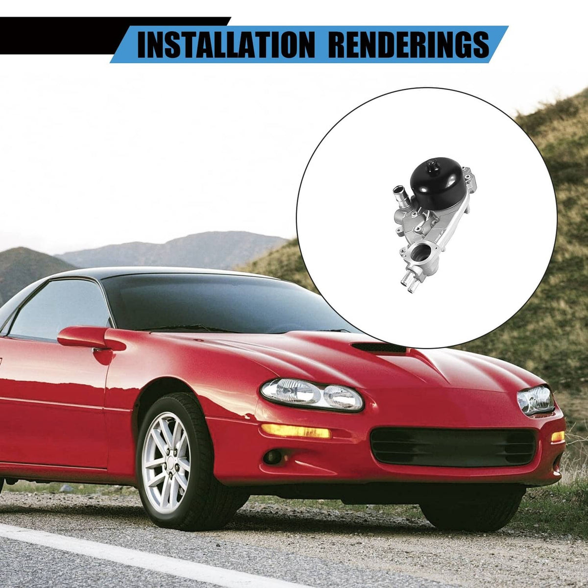 Water pump assembly with black cap, shown in an installation rendering inset