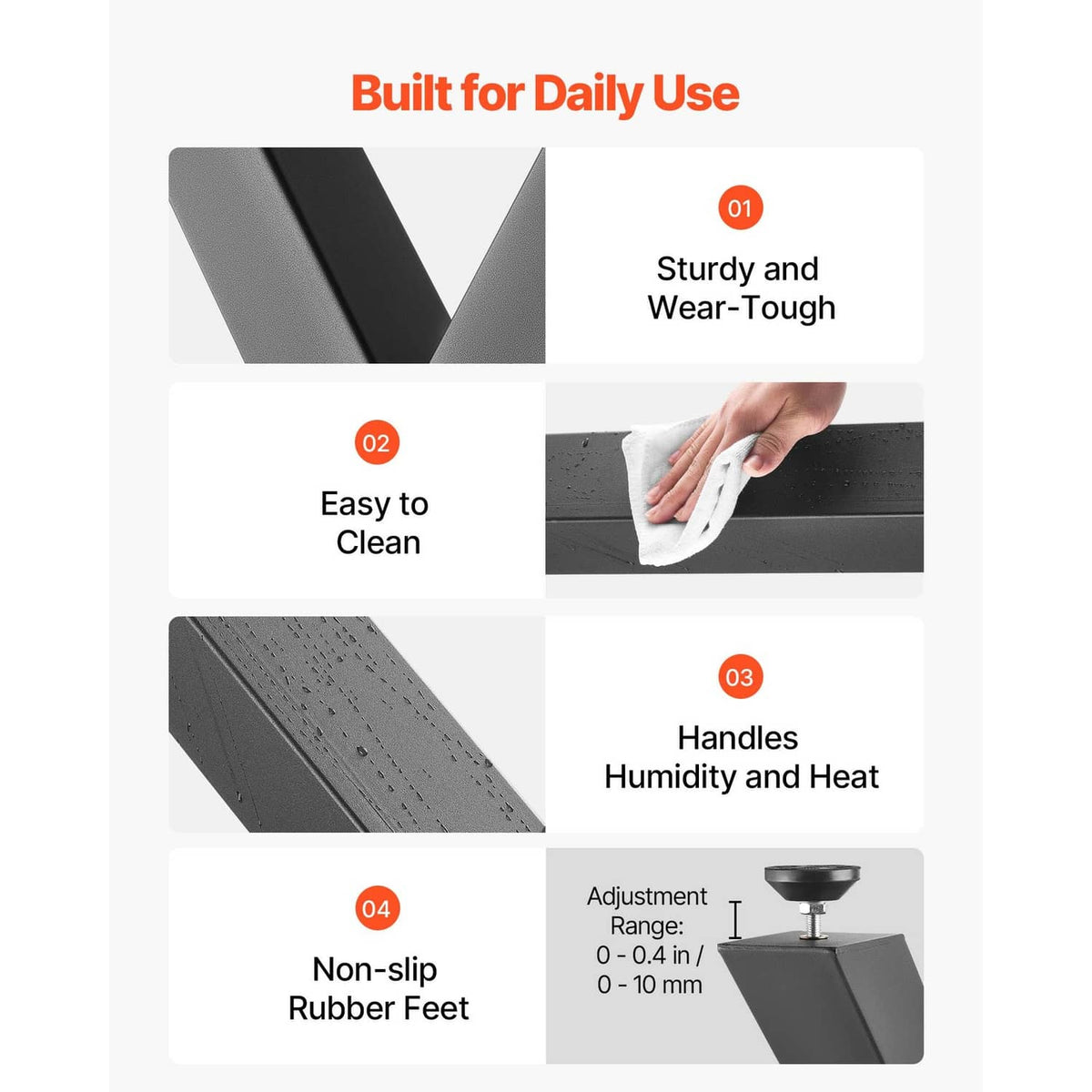 Black X-frame table legs featuring non-slip rubber feet and easy-clean surface.
