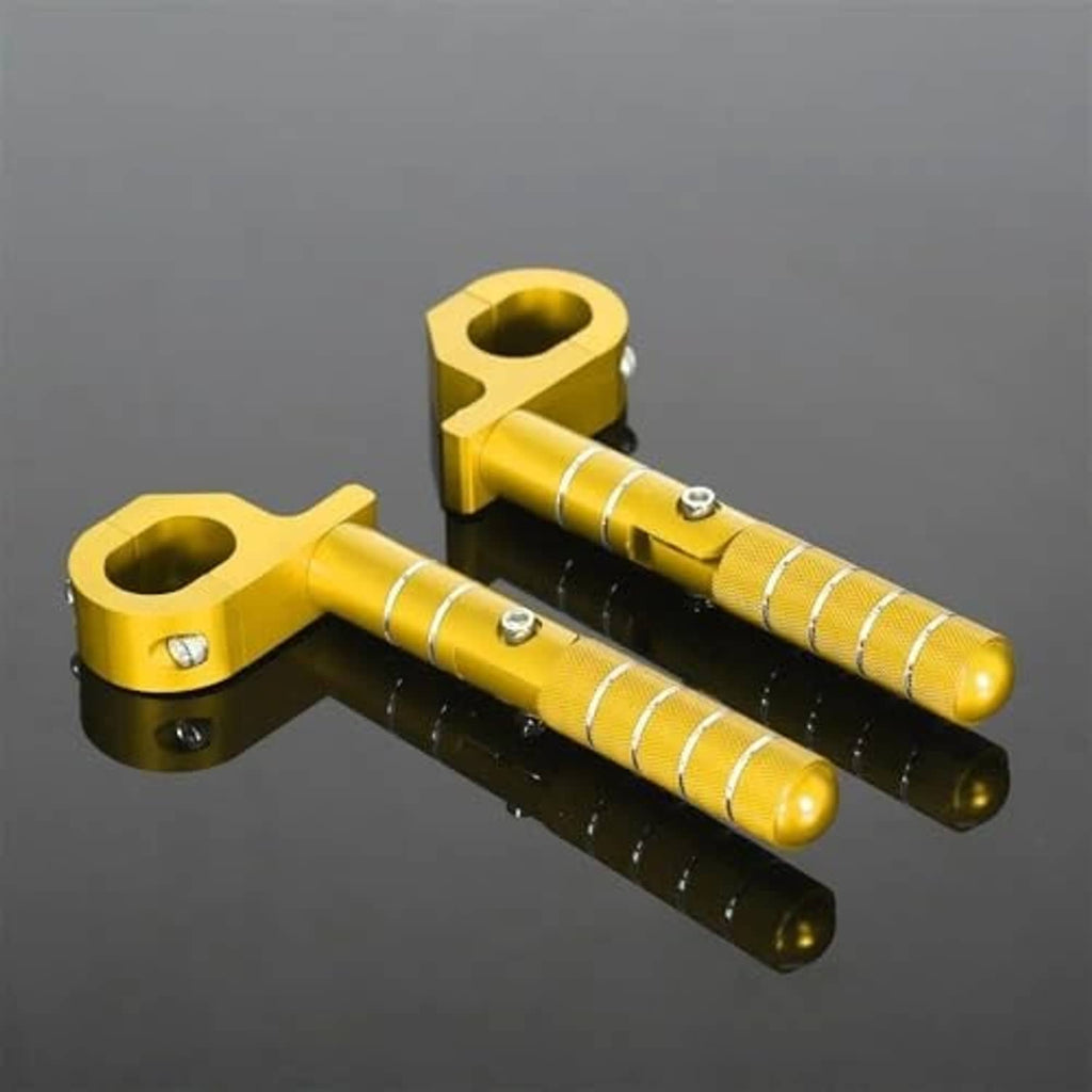 Gold rear passenger folding footrest pegs with textured non-slip footpads