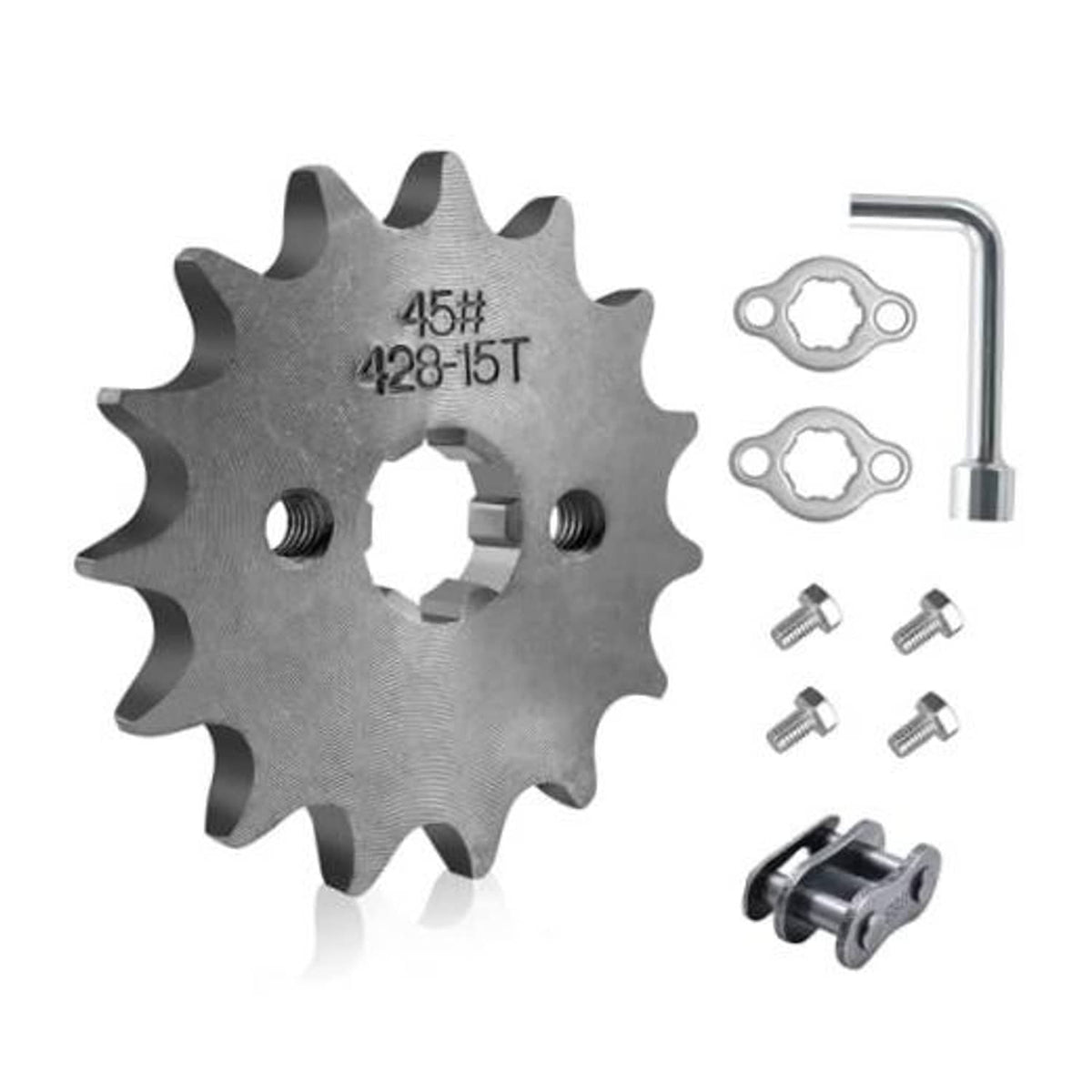 Motorcycle front engine sprocket, dark metal finish with mounting holes and center bore