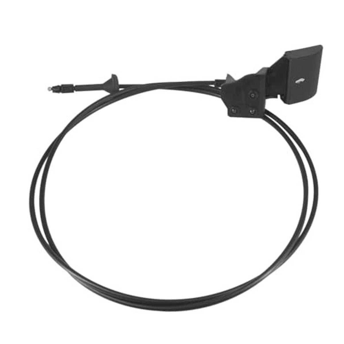 Hood latch release cable with black pull handle and bracketed end