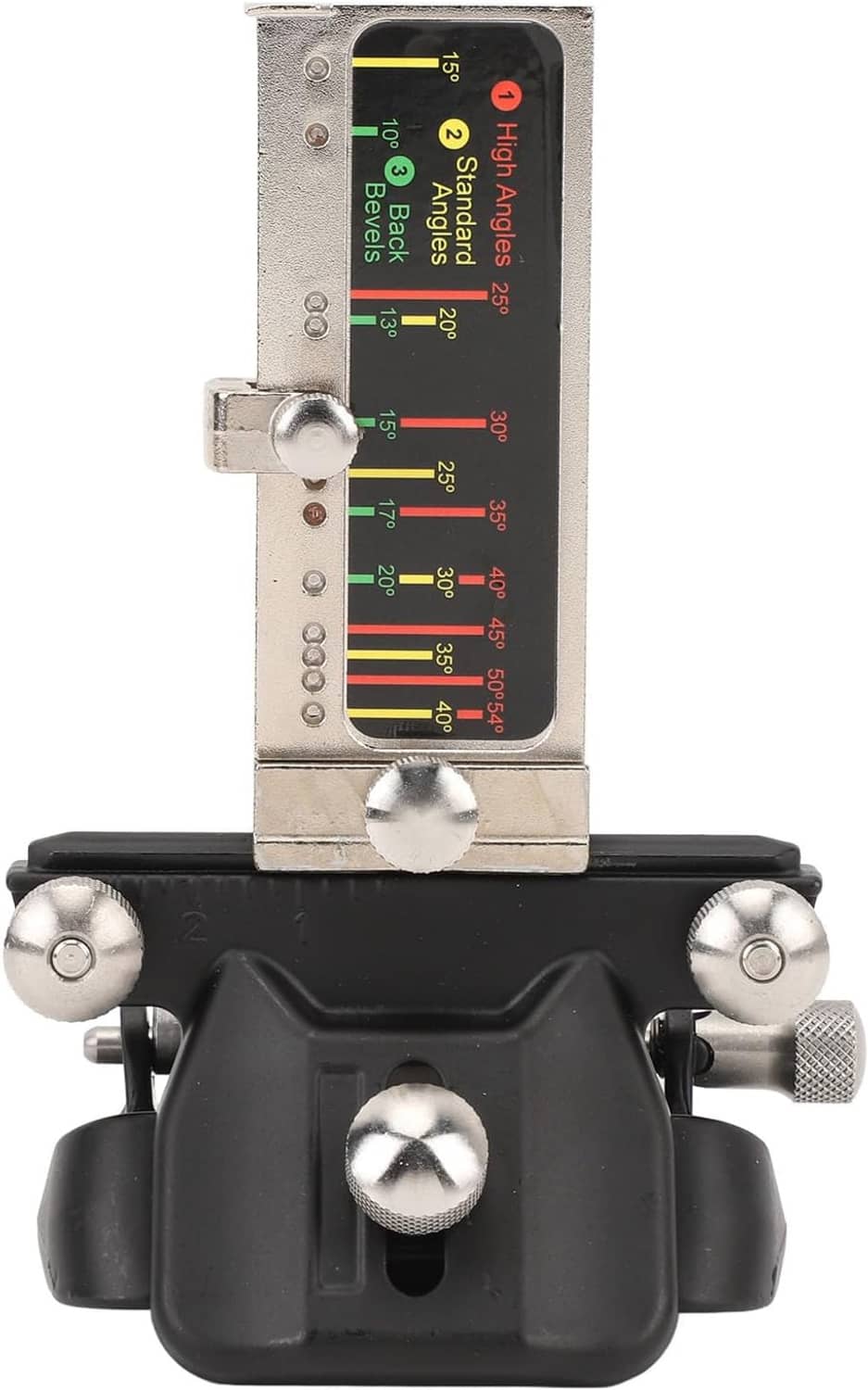 Chisel sharpening honing guide with black base and adjustable angle scale ruler