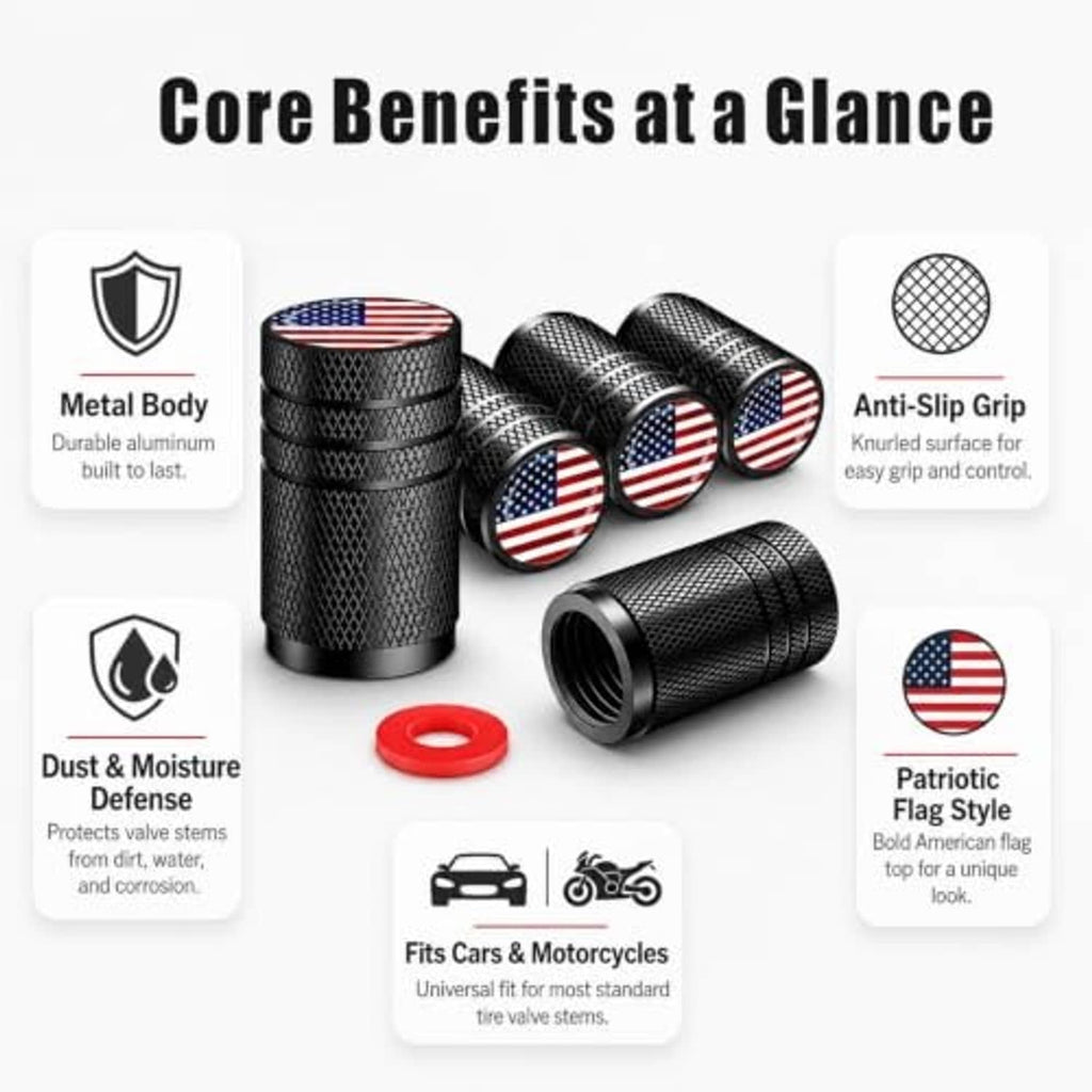 Black tire valve stem caps bundle with American flag tops, knurled anti-slip grip