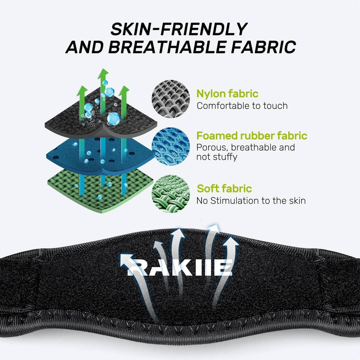 Close-up of black tennis elbow brace with breathable fabric and RAKIIE logo.