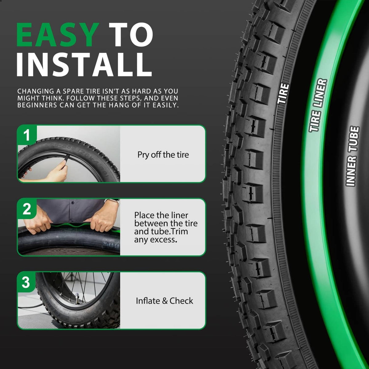 Green TPU tire liner installation on fat bike tire, step-by-step guide.