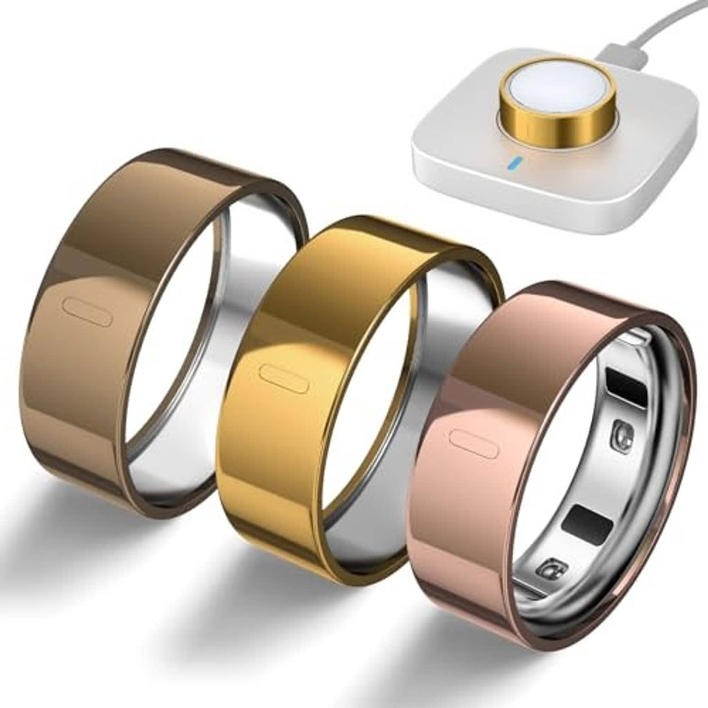 Three metallic ring covers in gold, antique gold, and rose gold; angled view of open bands