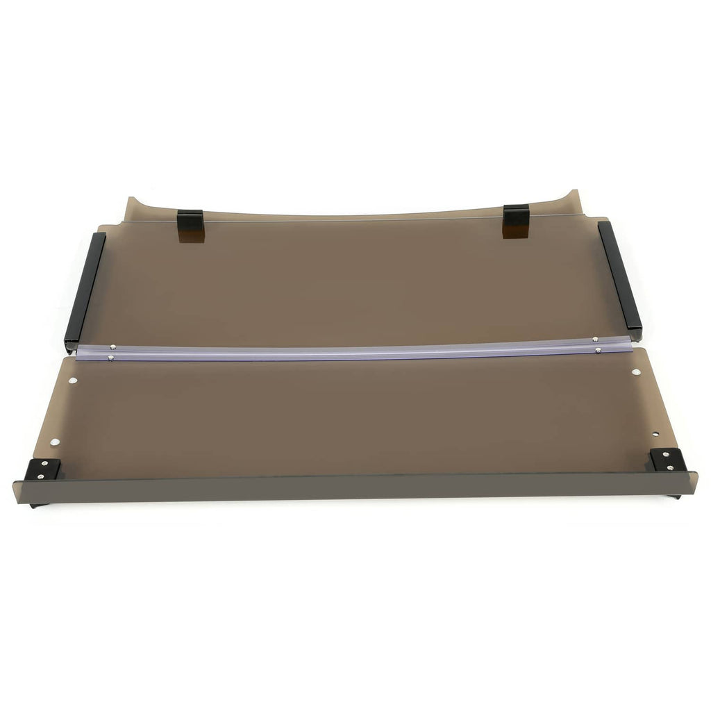Tinted folding down windshield with brown panel and black trim, displayed on flat surface