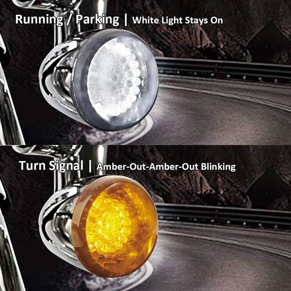 Motorcycle front turn signal lights: white running light and amber blinking lens glow