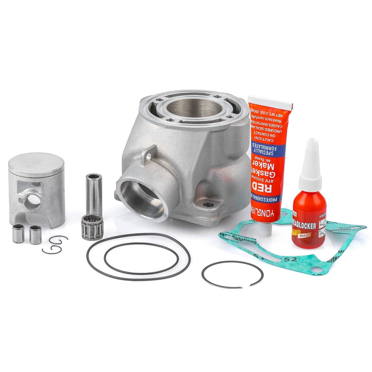Motorcycle top-end rebuild kit with stock bore cylinder assembly, piston, rings, seals, and hardware