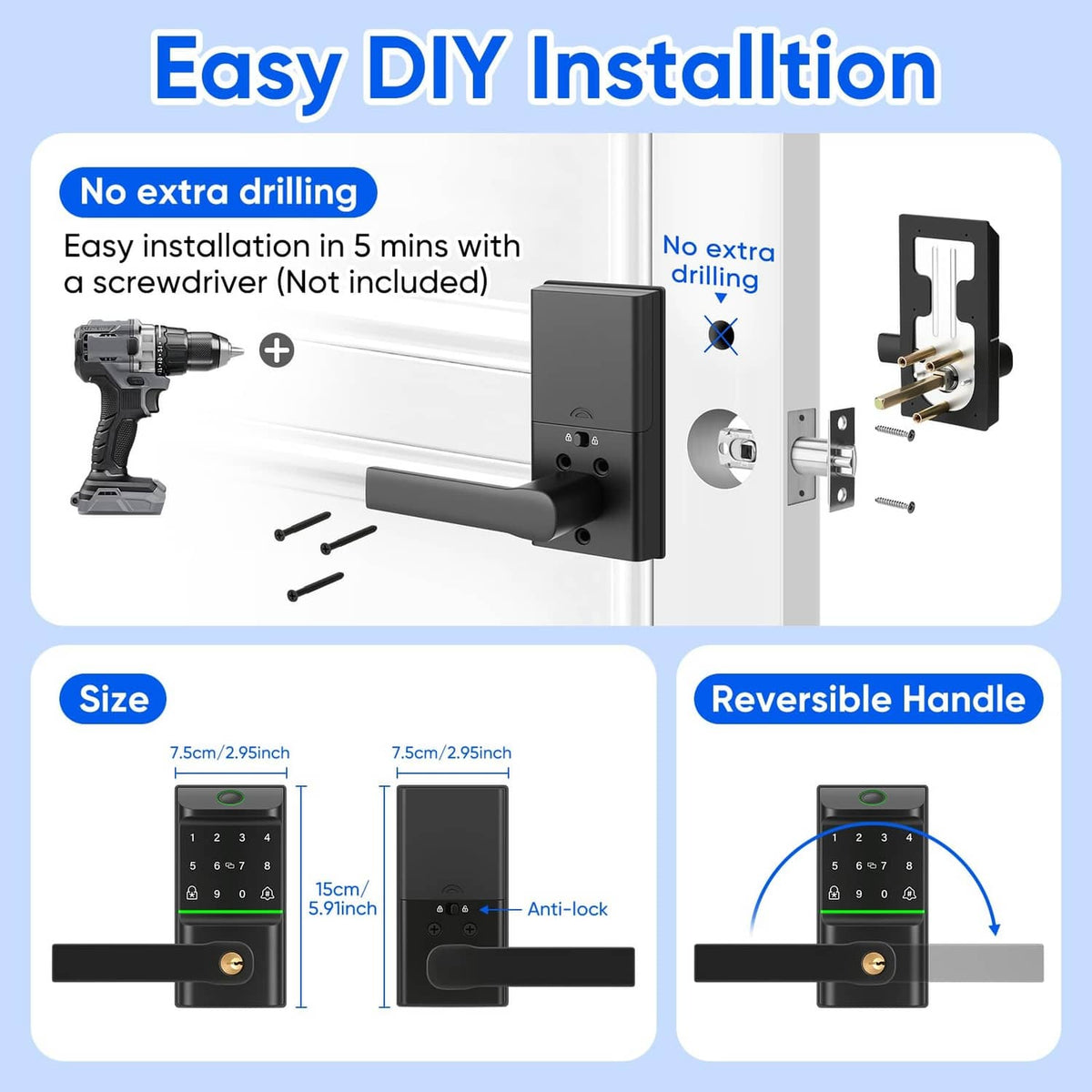 Smart keypad door lock with reversible handle, installation parts and size details shown