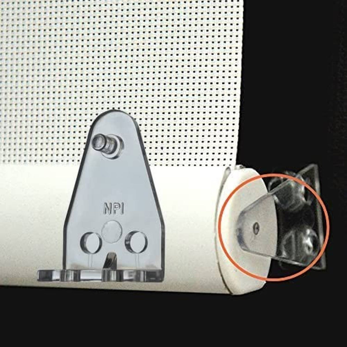 Mini blind hold-down bracket close-up with callout on mounting area