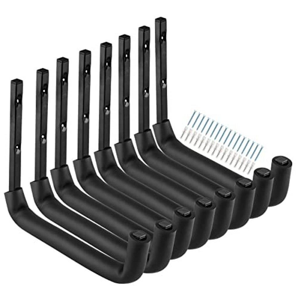 8-pack black heavy-duty garage storage hooks with wide U base and mounting holes