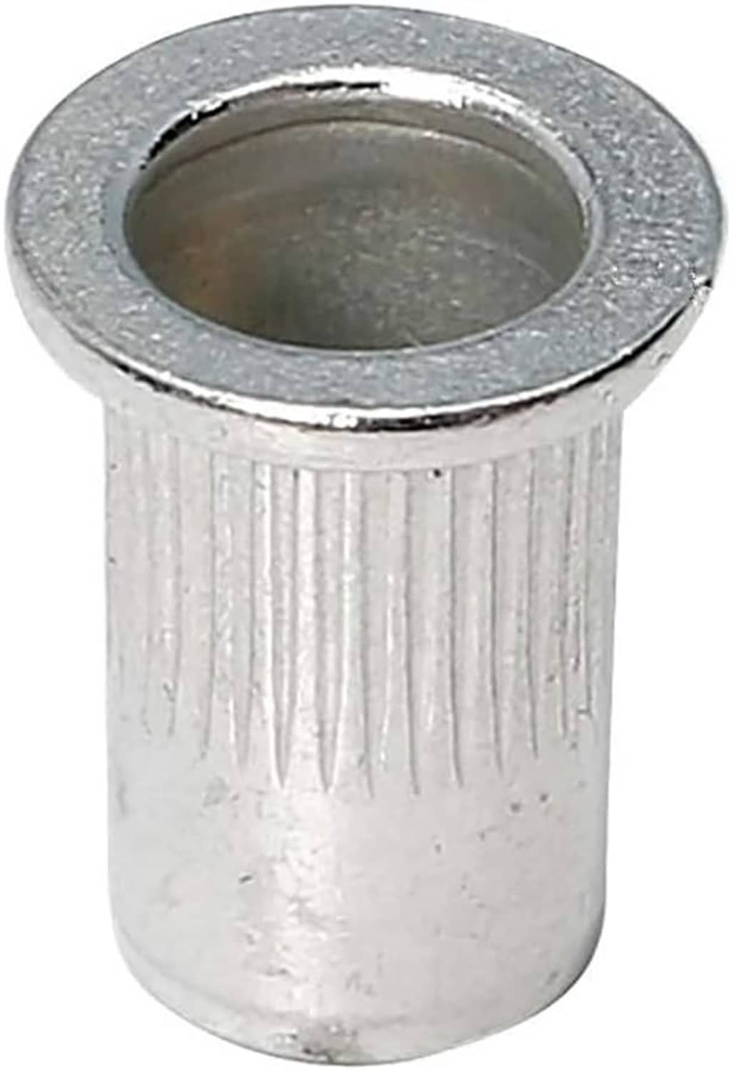 Silver aluminum rivet nut with round flanged top and internal threaded opening