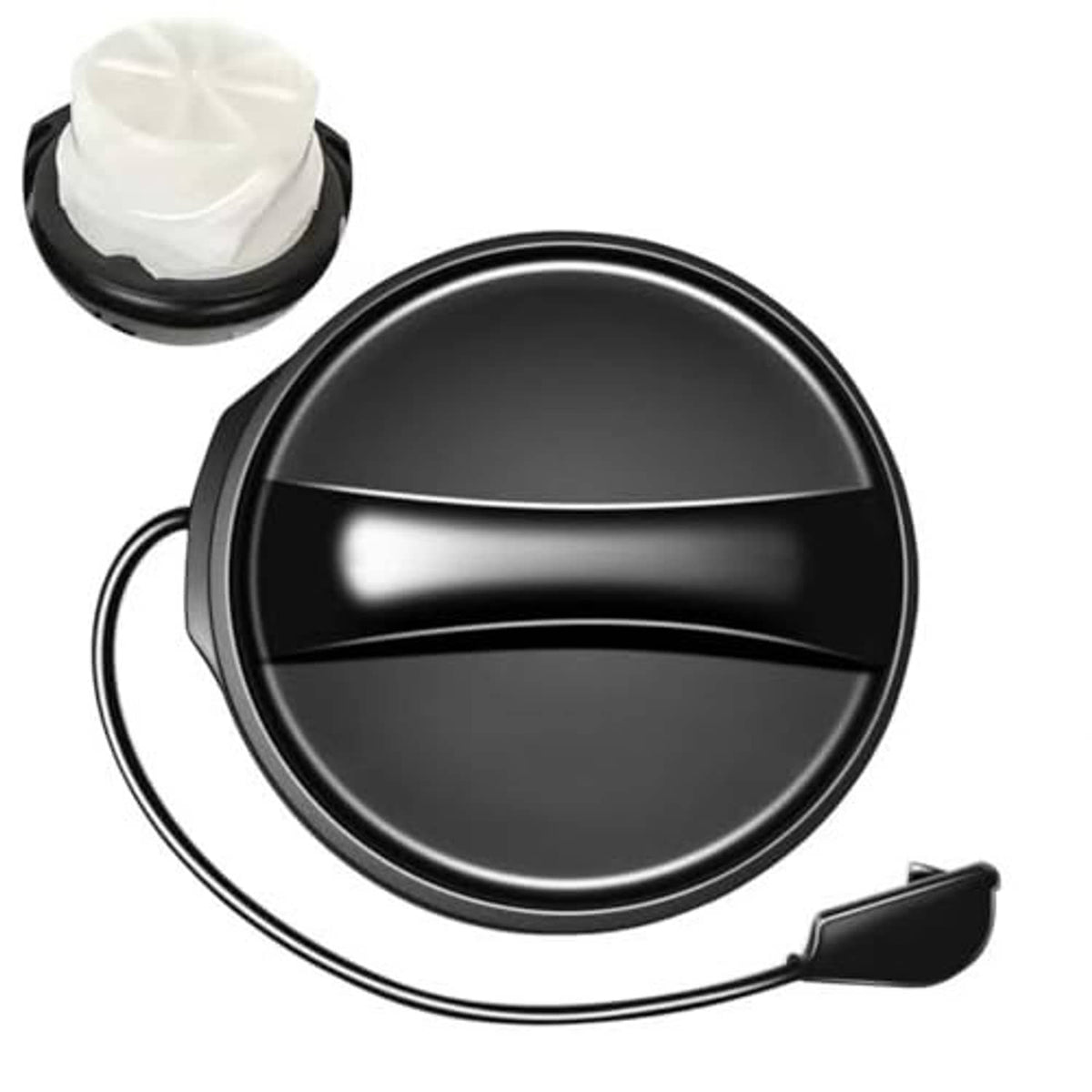 Round glossy black fuel cap with tether cable and detached white cap cover
