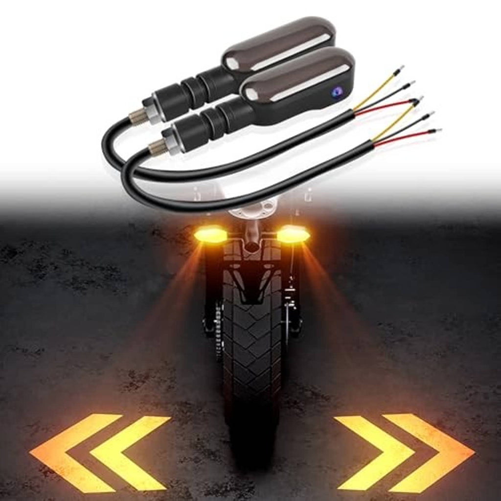 Pair of LED motorcycle turn signal projector lights with oval smoked lenses, amber