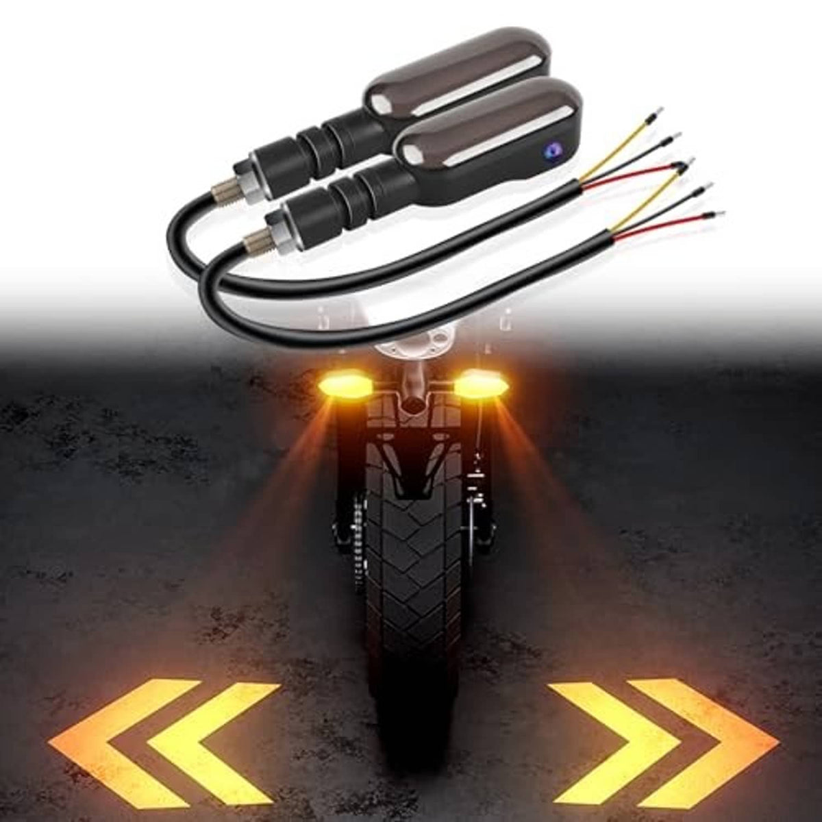 Pair of LED motorcycle turn signal projector lights with oval smoked lenses, amber