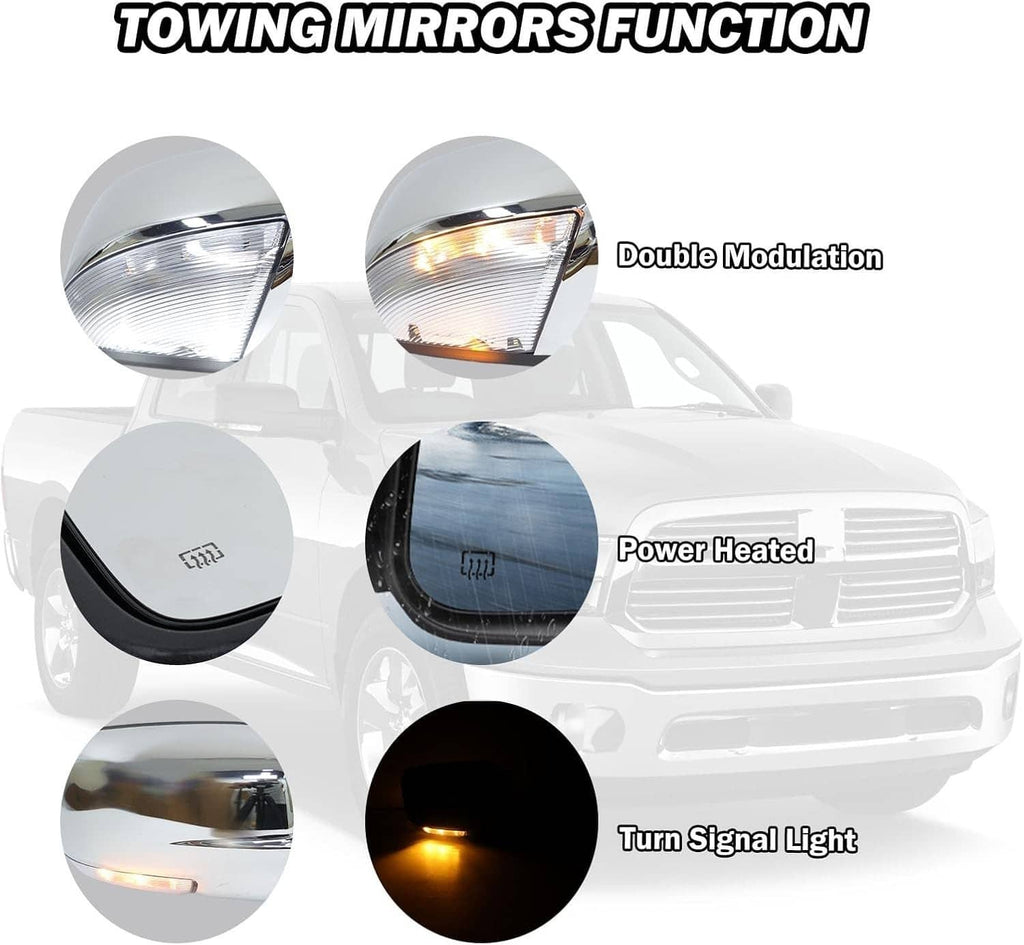 Right tow-style mirror kit showing LED turn-signal and heated glass functions.