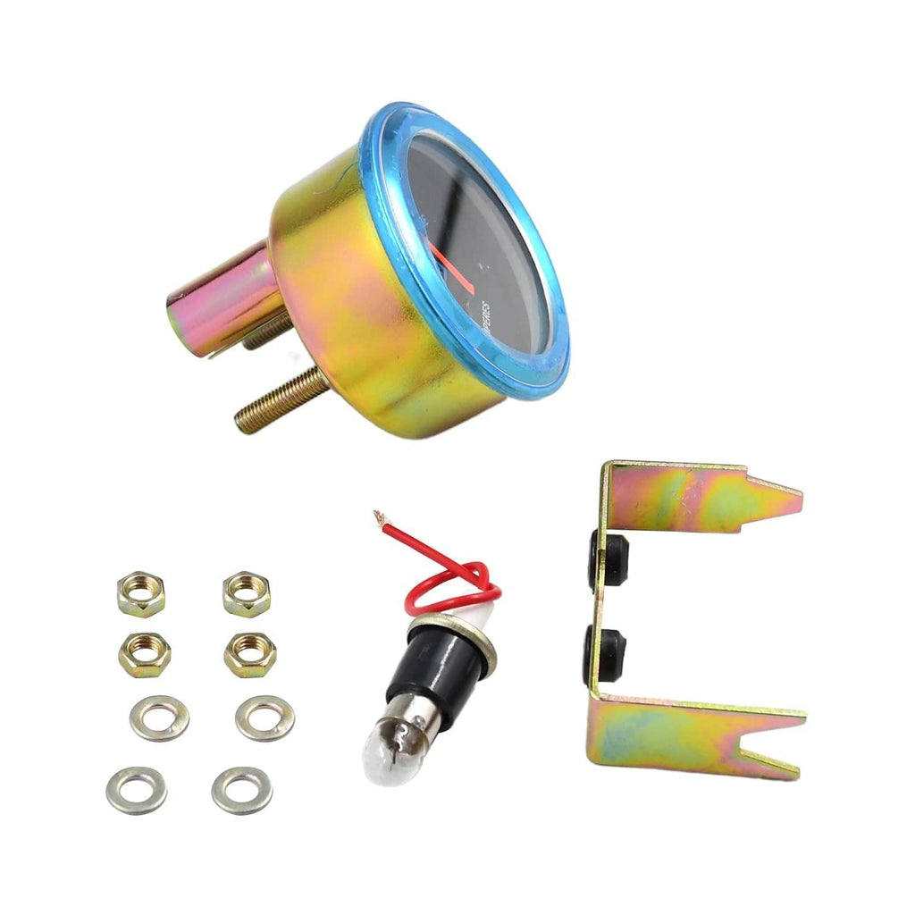 Amp gauge meter kit with blue bezel, screws, washers, and mounting brackets