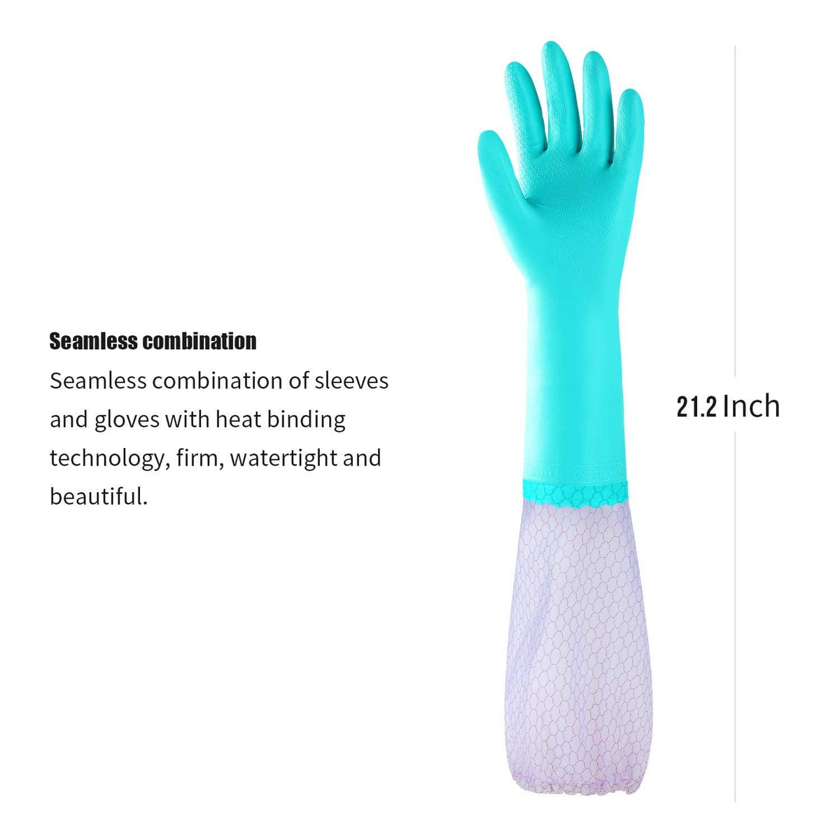 Single teal long-sleeve dishwashing glove with white mesh cuff for snug fit