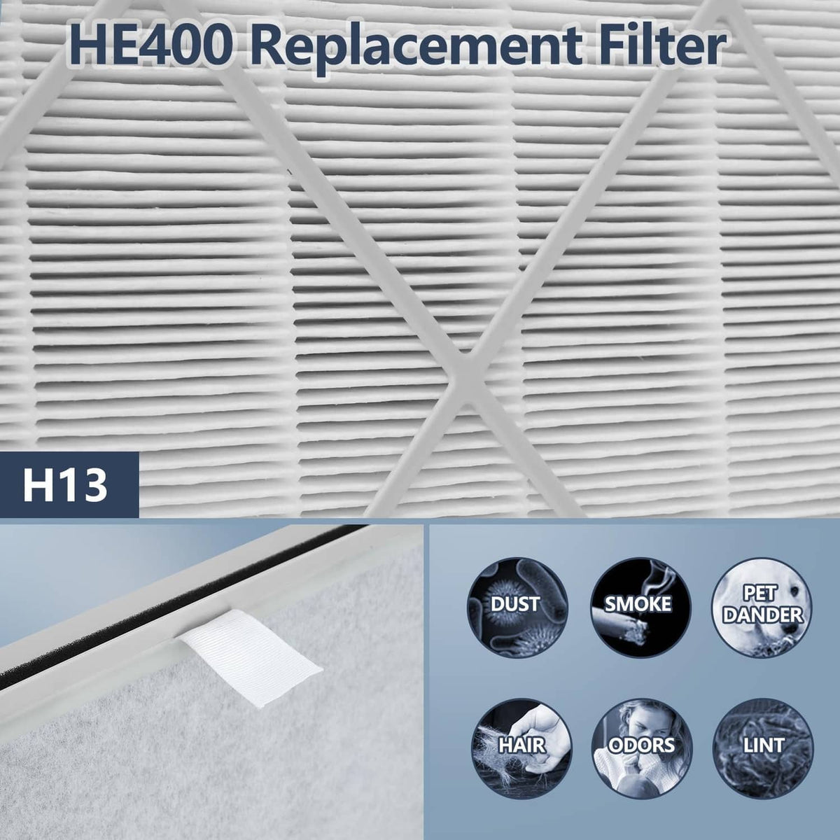 HE400 replacement filter close-up with H13 label, white pleated HEPA media