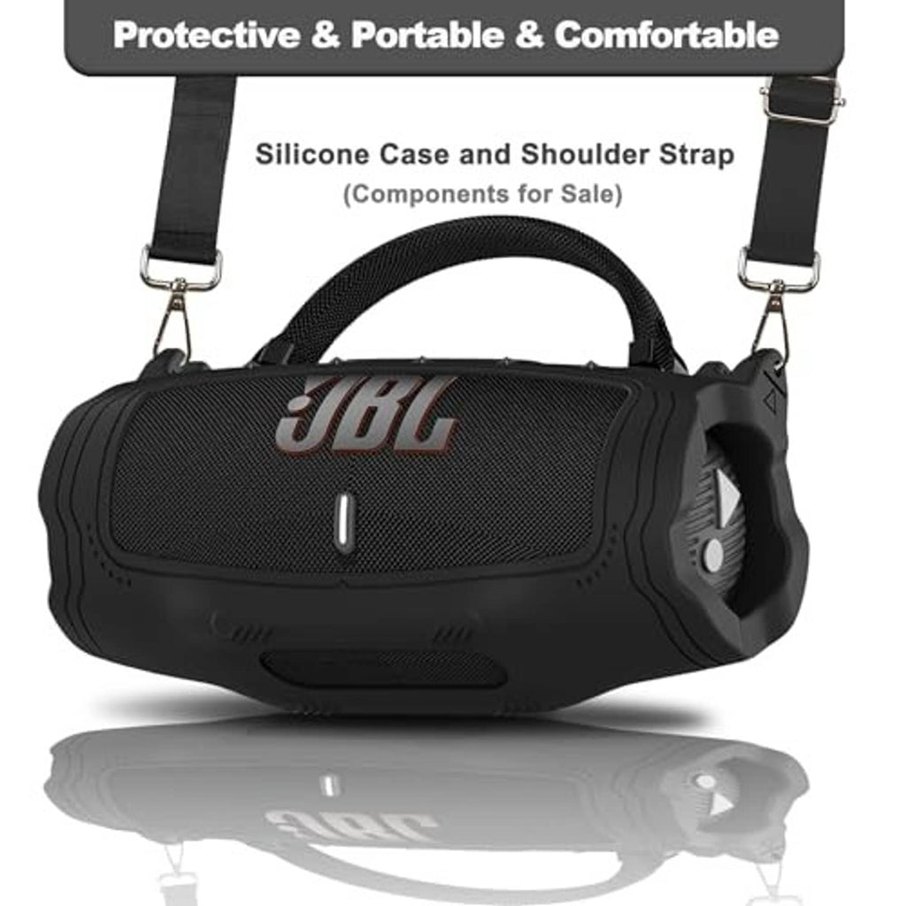Black silicone case with shoulder strap for portable Bluetooth speaker, protective fit