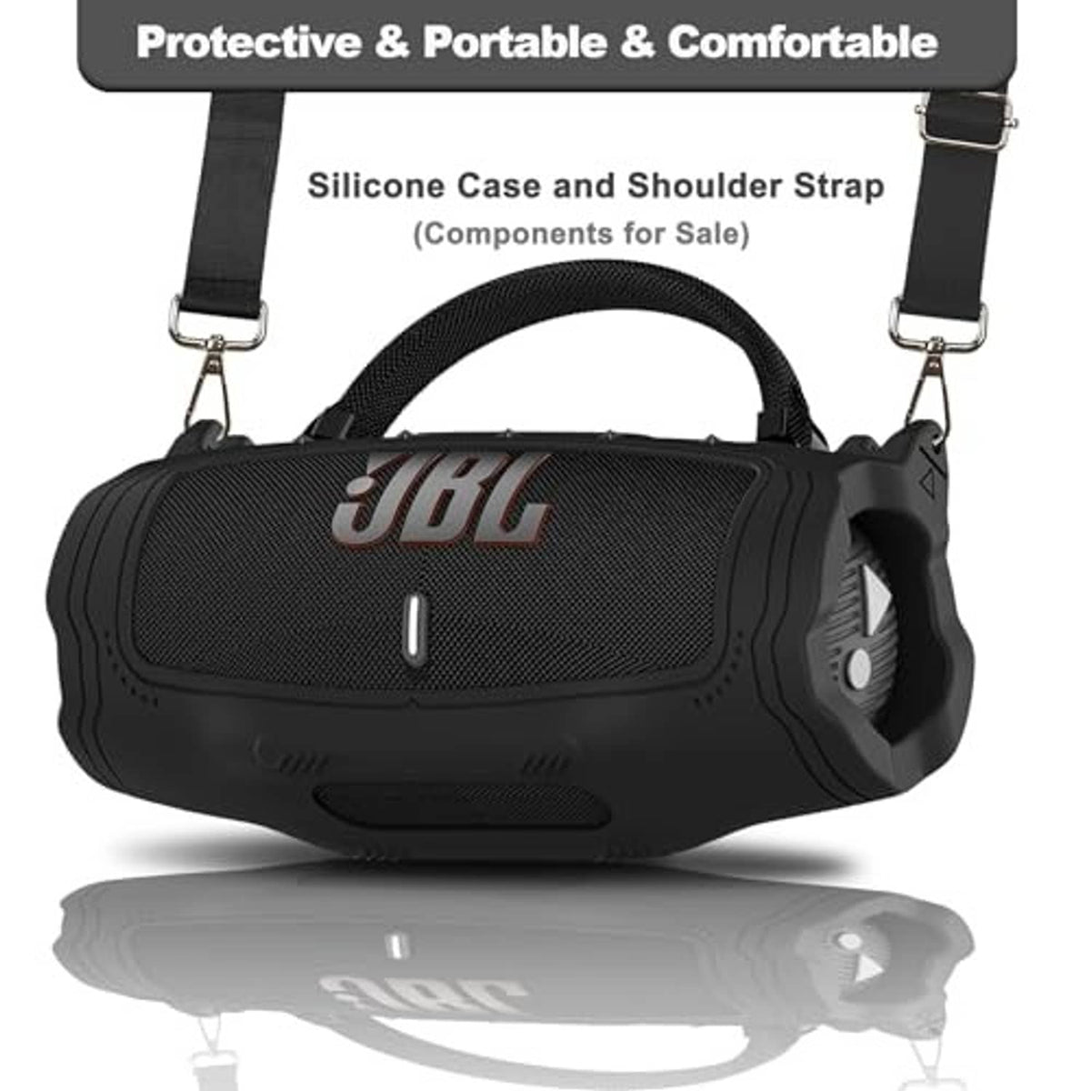 Black silicone case with shoulder strap for portable Bluetooth speaker, protective fit