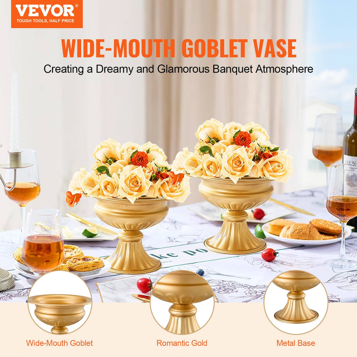 Gold wide-mouth goblet vase centerpiece with floral stand on a decorated table