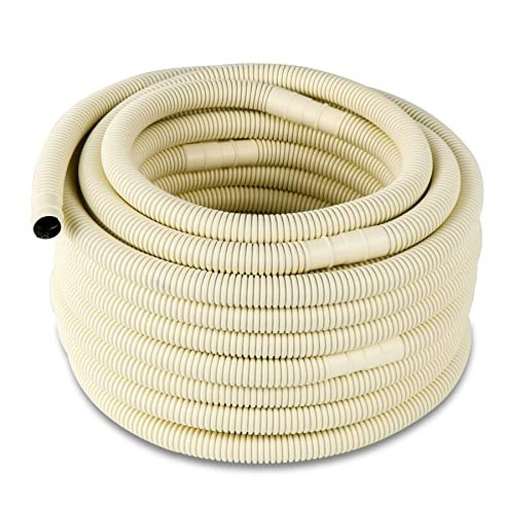 Rolled beige corrugated AC drain hose with black opening end cap.