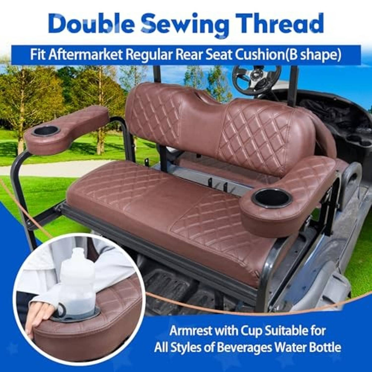 Brown quilted golf cart seat cover set with cup holders and padded armrests