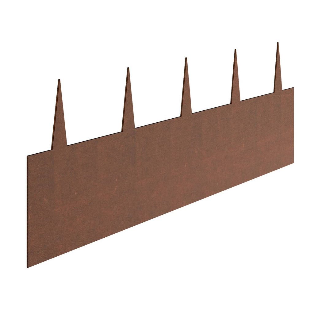 Weather-resistant steel landscape edging border, brown with pointed stakes