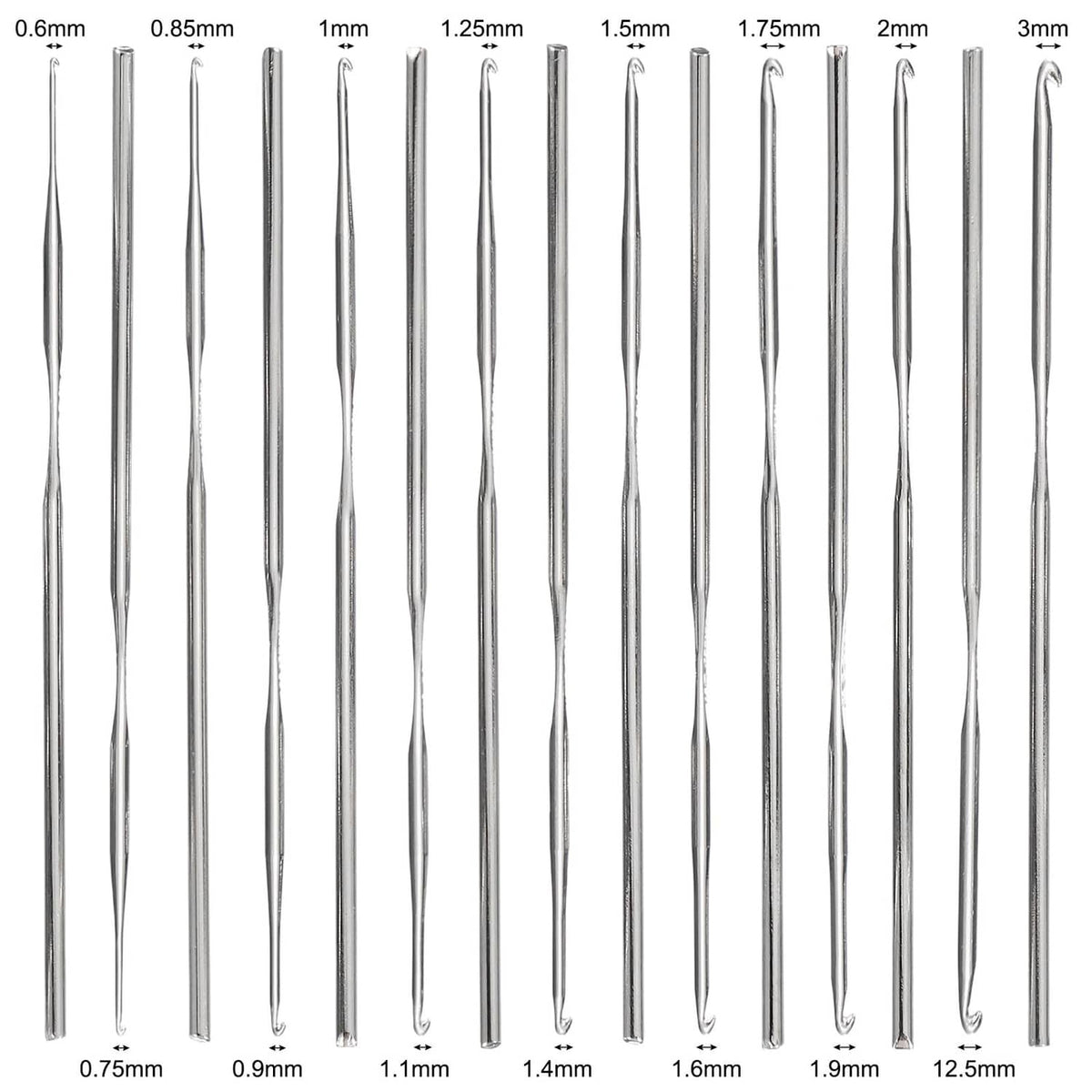 Assorted silver crochet hooks with varying throat sizes, including 0.6–3mm tips