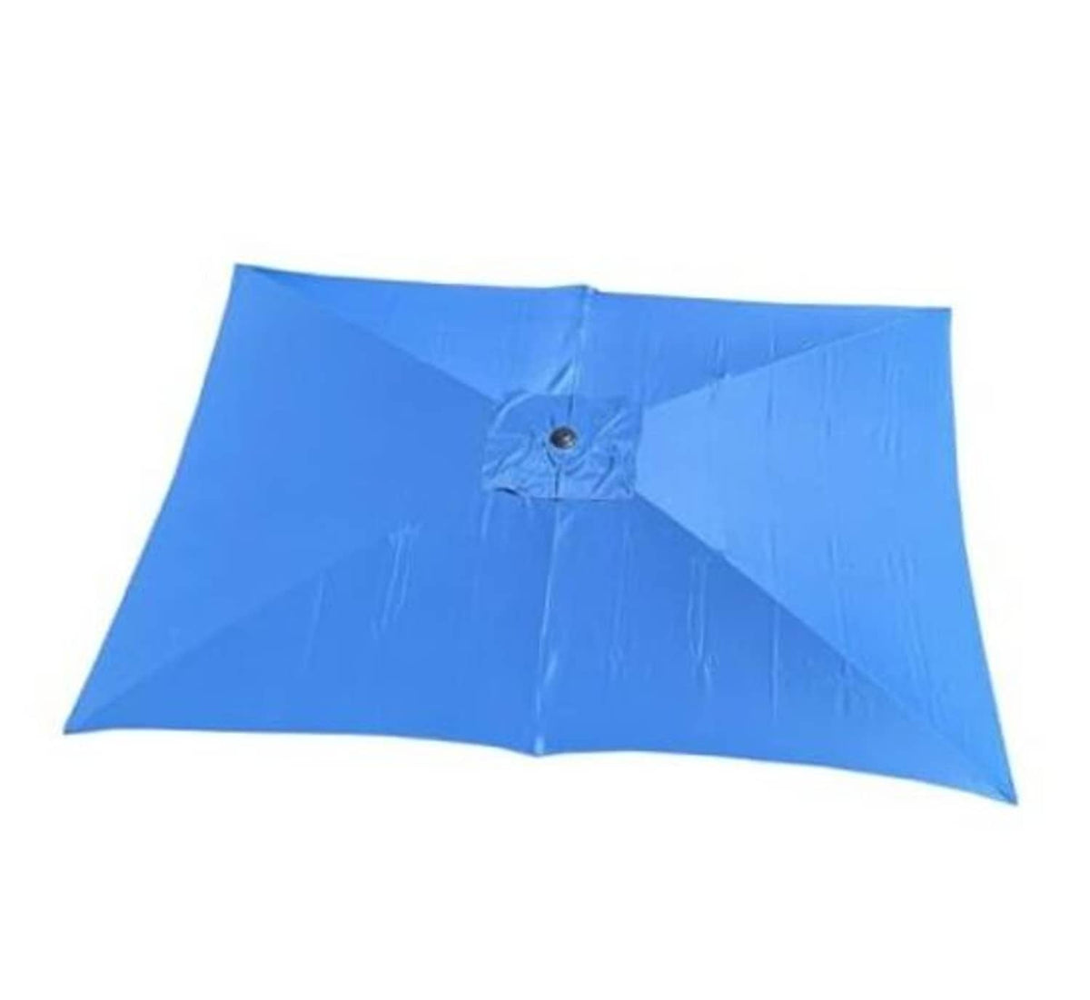 Blue rectangular umbrella canopy with center button and stitched panel seams, replacement cover.