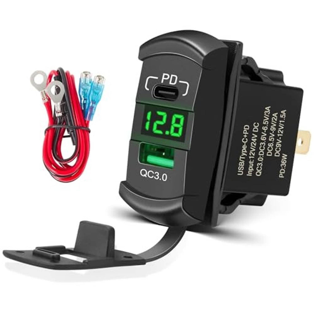 USB PD/QC3.0 rocker switch insert with LED voltage screen, side outlet, and wiring kit