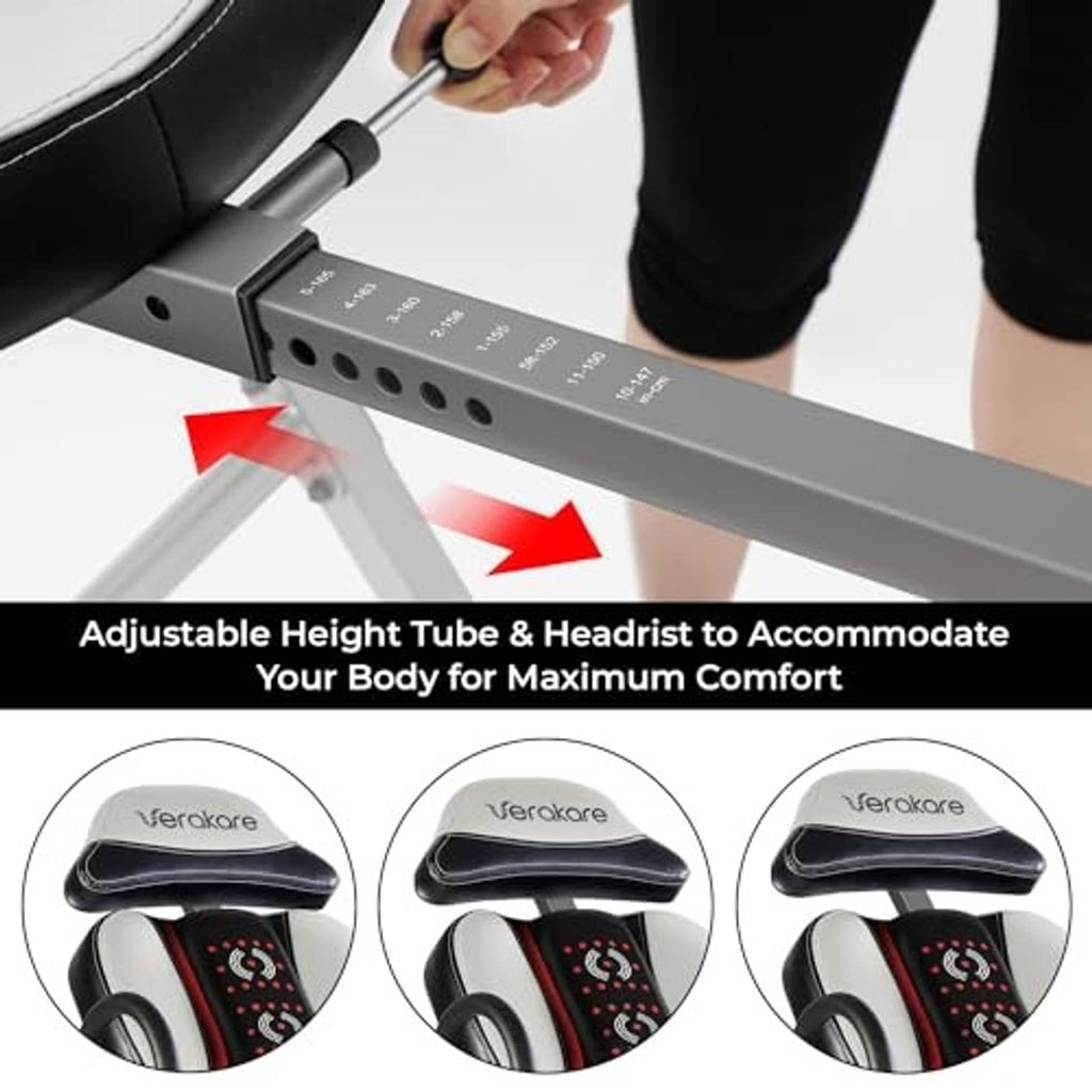 Adjustable headrest and height tube on a heat and massage inversion table