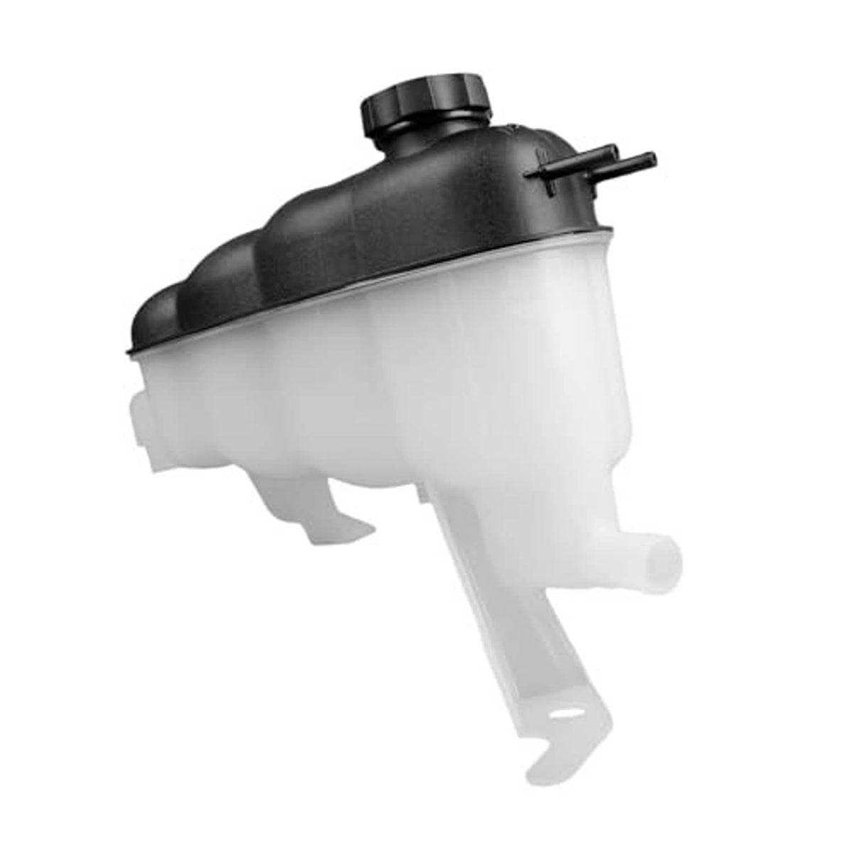 Coolant reservoir tank with black cap, mounting fins, and translucent white reservoir body