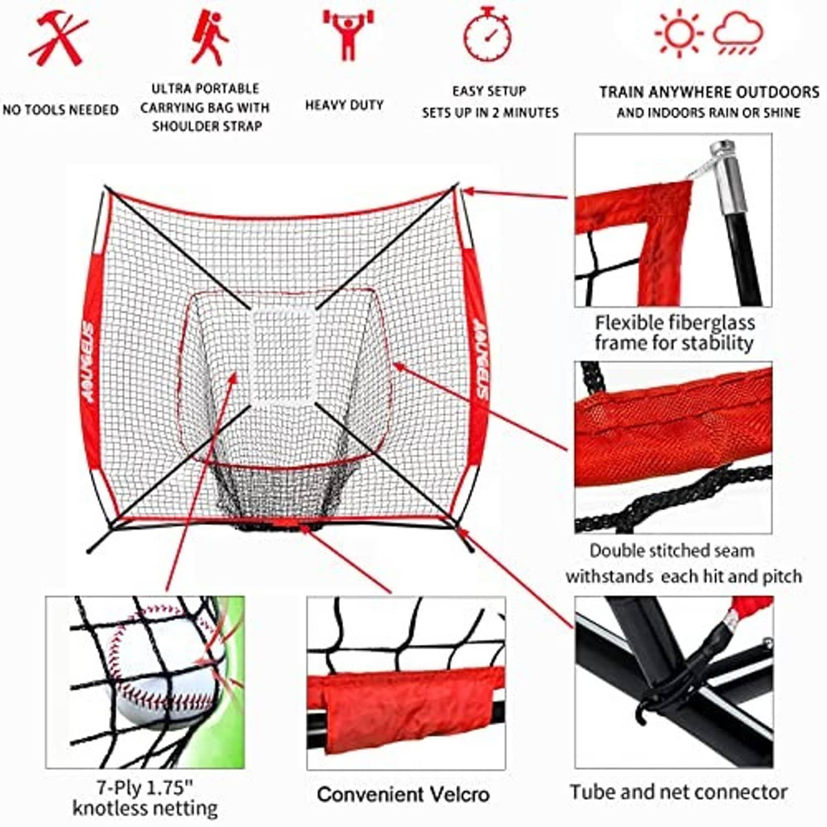 Baseball practice net with red mesh, strike-zone grid, batter dummy, and foldable setup diagram