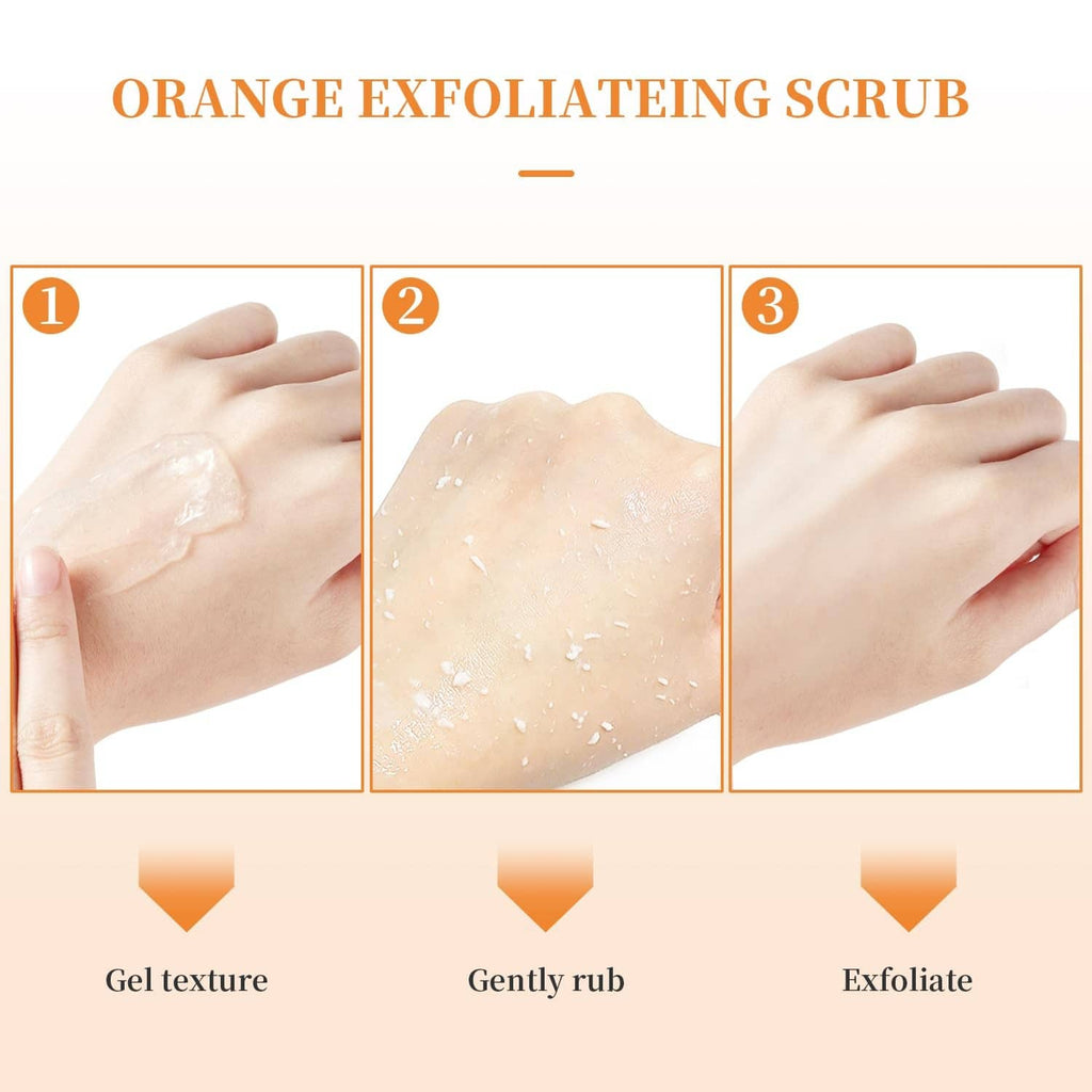 Orange exfoliating scrub gel on hand, step-by-step application graphic