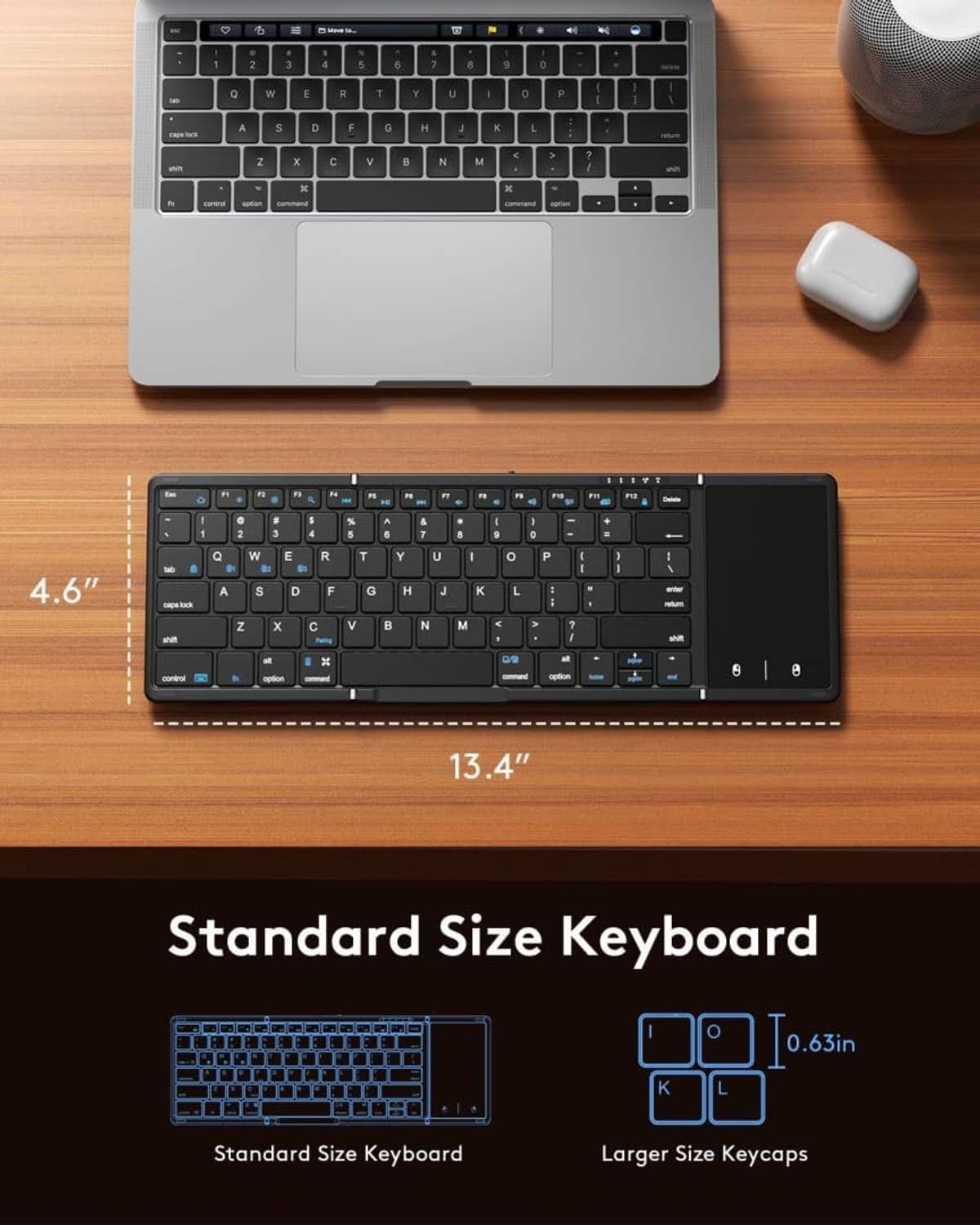 Black foldable Bluetooth keyboard with touchpad, full key layout and compact frame