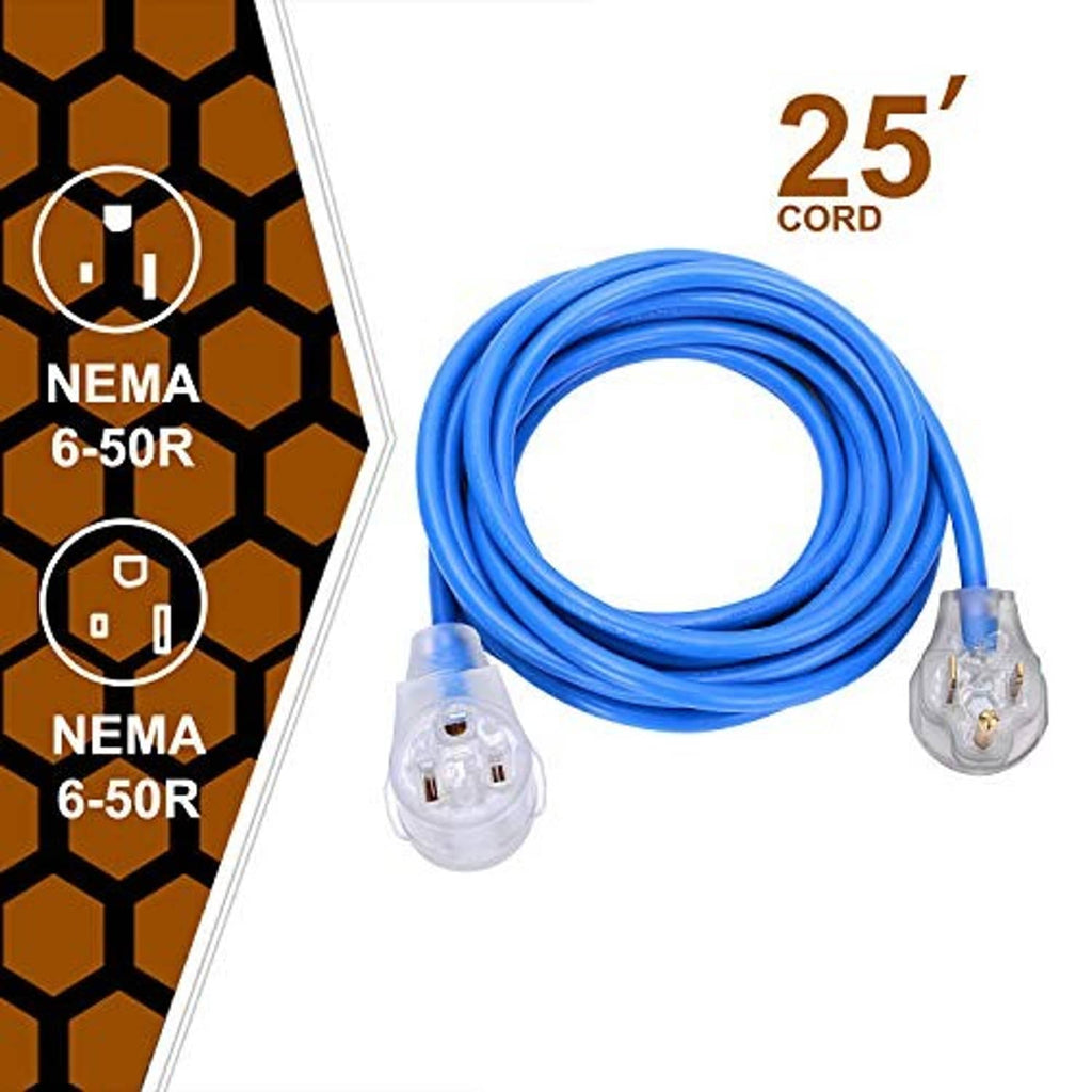 Blue welding extension cord with NEMA 6-50P plugs and coiled 25 ft length
