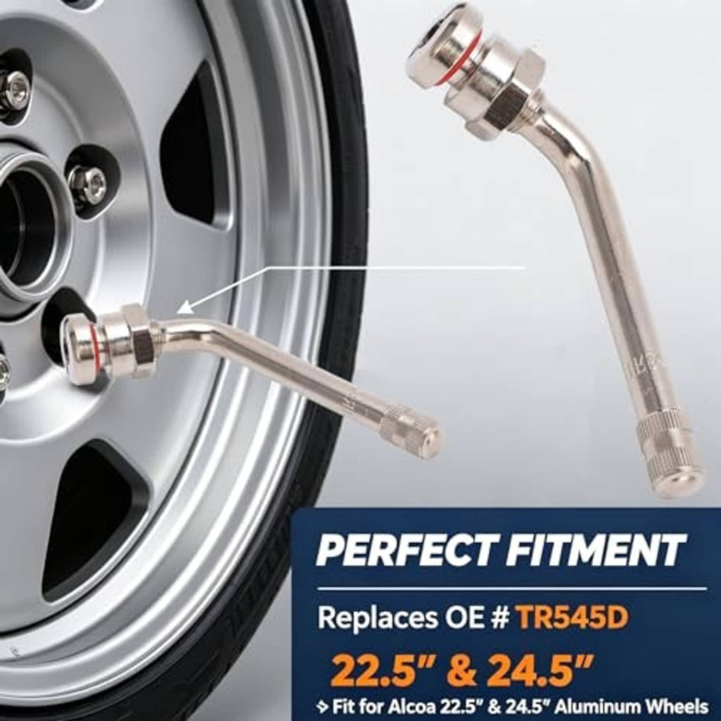 Installed truck wheel valve stem extension, chrome curved stem with red sealing ring.