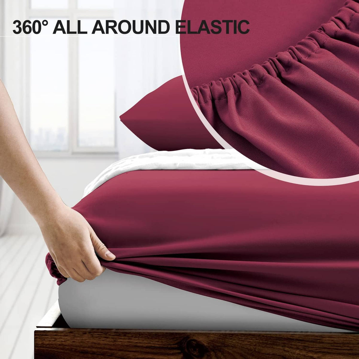 Burgundy fitted sheet with 360° elastic, stretched at mattress corner