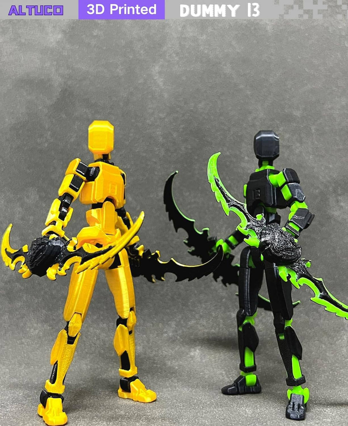 T13 action figure set with one yellow and one green-and-black figure holding scythe