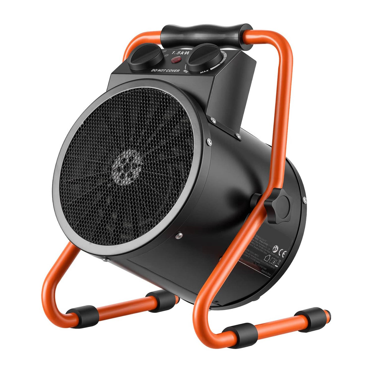 Black electric greenhouse heater with orange handles, front fan grille and top controls
