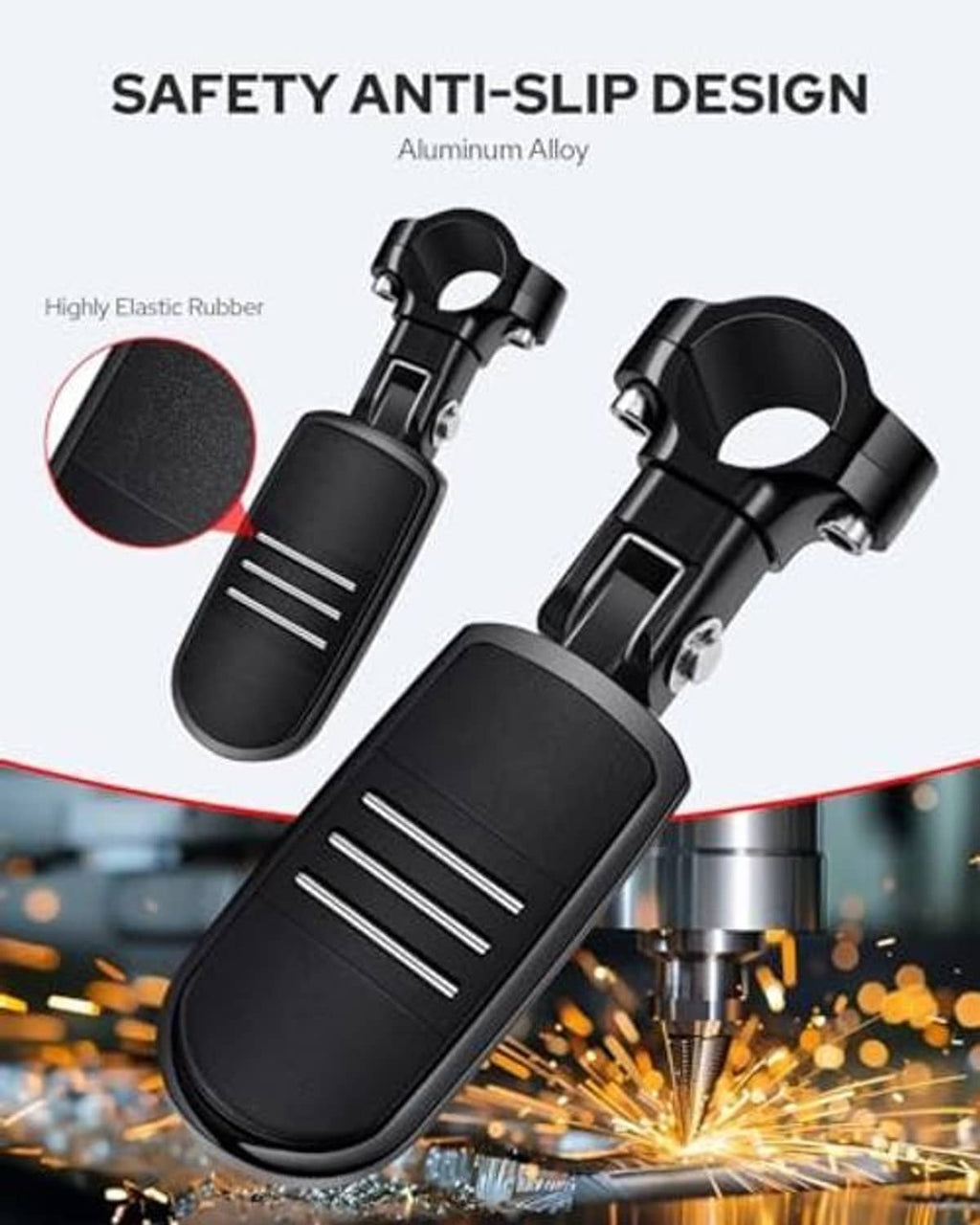 Black motorcycle highway foot pegs featuring textured anti-slip rubber grip pads