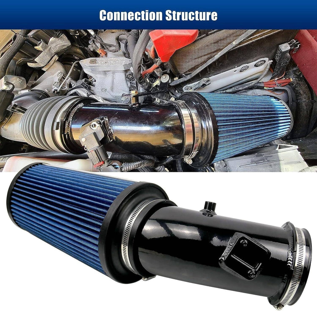 Engine bay view of black intake pipe with blue pleated air filter