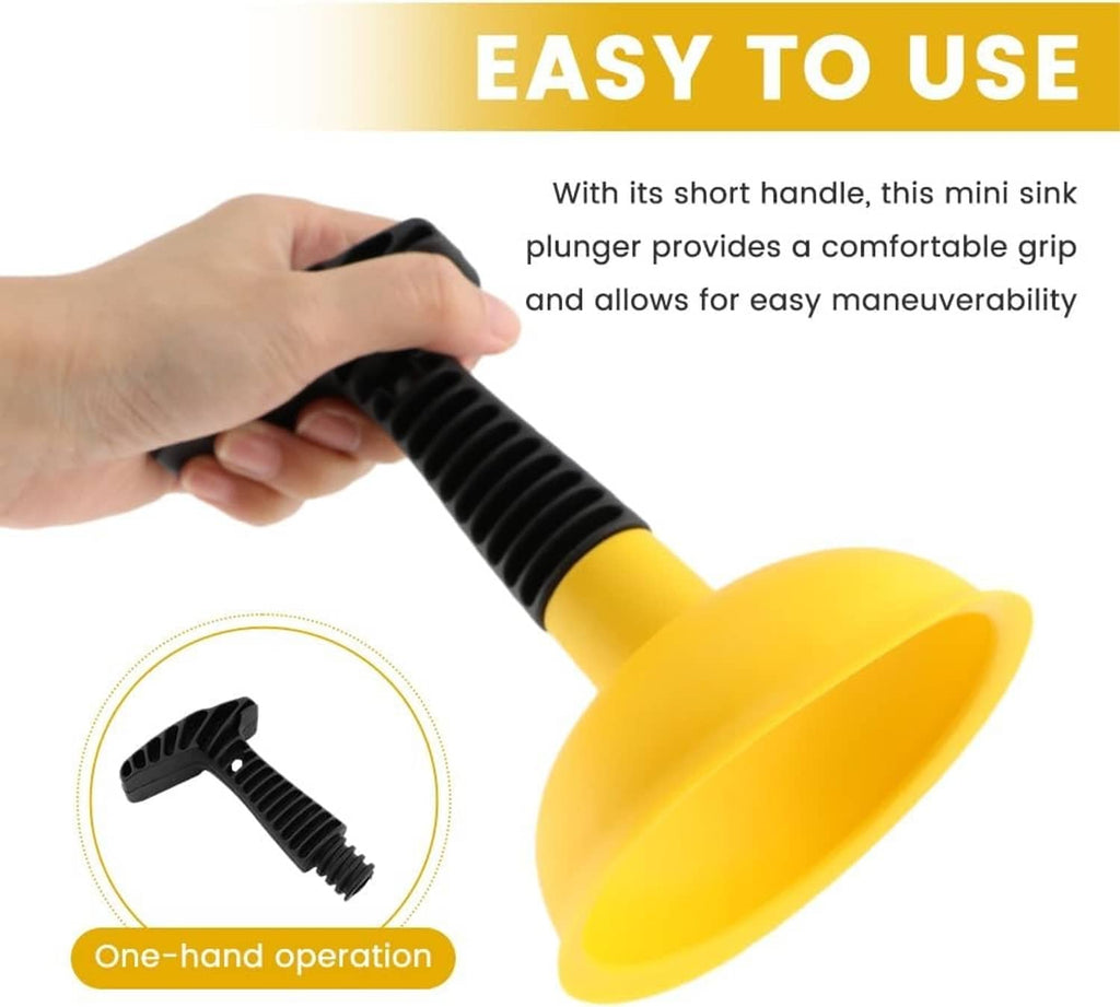 Mini sink plunger held in hand; yellow rubber cup with short black ridged handle