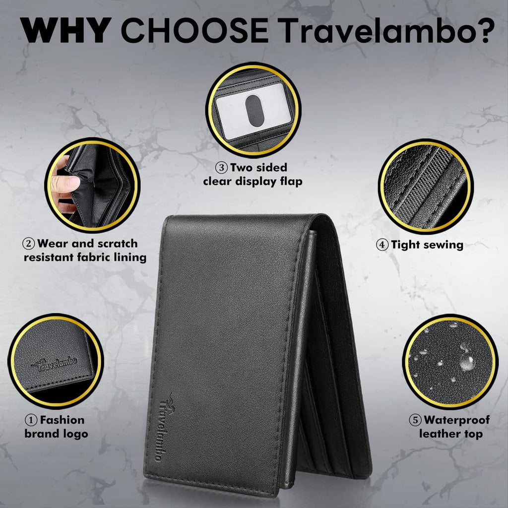 Men's dark bifold leather wallet, front view with stitched texture, Travelambo logo